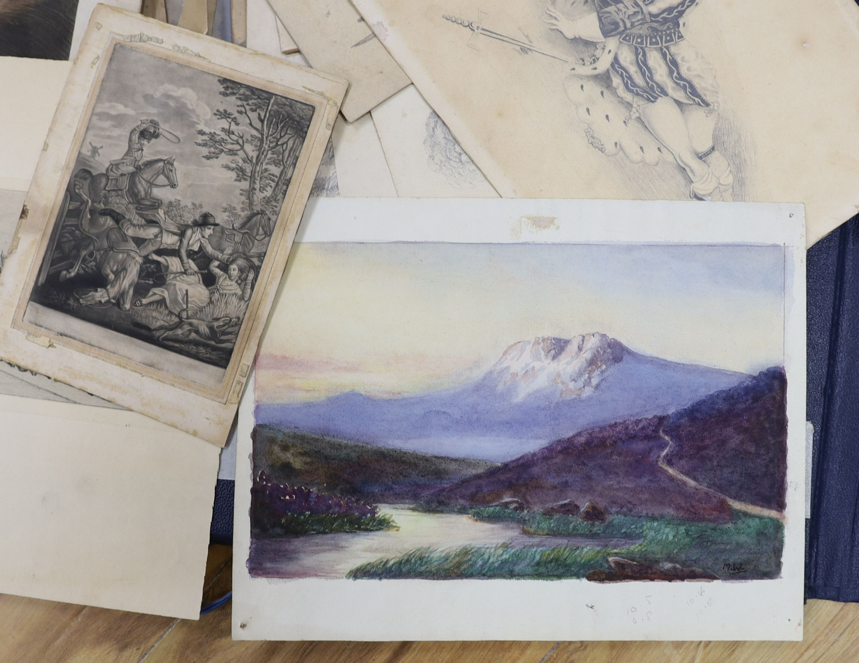 A folio of assorted mostly 19th century watercolours and prints